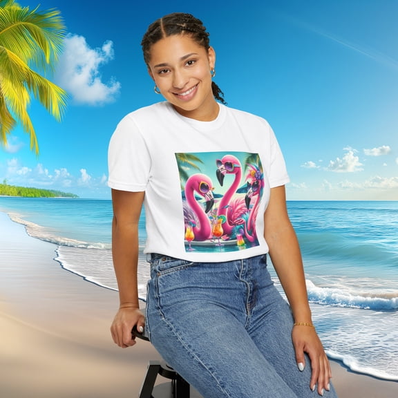 Summer Flamingos Cheering Palms Beach Unique Unisex Garment-Dyed T-shirt