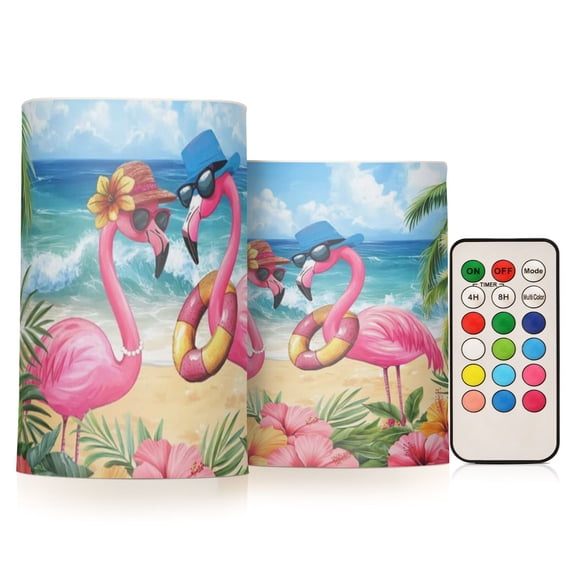 Summer Flamingos Flickering Flameless Candles Battery Operated with Remote Timer LED Pillar Candles Set of 2
