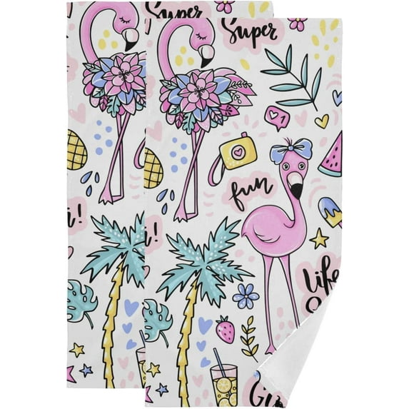 Summer Flamingos Fruit 2 PCS Hand Towels for Bathroom, Cute Life Sweet Kitchen Towel Ultra Soft and Absorbent Decorative Fingertip Face Bath Towels for Spa & Hotel, 28.3"x 14.4"