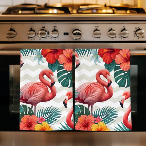 Summer Flamingos Kitchen Towels Set of 1, Tropical Botanical Spring Floral Absorbent Dish Towels for Kitchen, Microfiber Hand Towel, Quick Drying Tea Towel for Cleaning Decorative Dishcloths