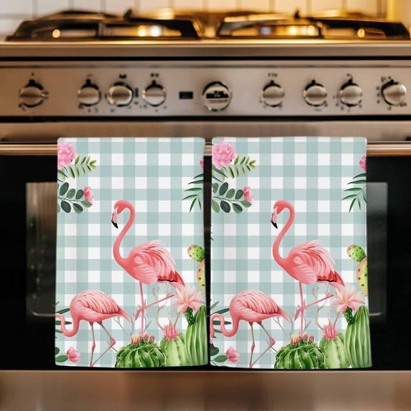 Summer Flamingos Kitchen Towels Set of 1, Tropical Flowers Leaves Cactus Plaid Absorbent Dish Towels for Kitchen, Microfiber Hand Towel, Quick Drying Tea Towel for Cleaning Decorative Dishcloths