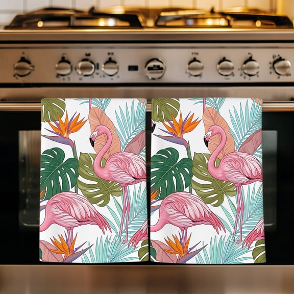 Summer Flamingos Kitchen Towels Set of 1, Tropical Monstera Deliciosa Absorbent Dish Towels for Kitchen, Microfiber Hand Towel, Quick Drying Tea Towel for Cleaning Decorative Dishcloths
