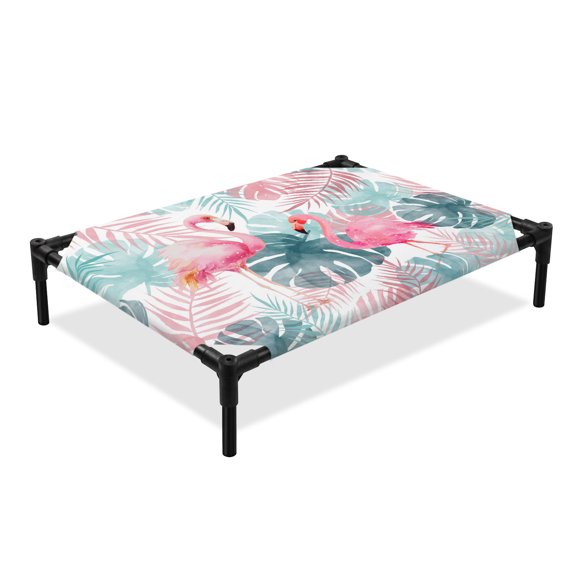 Summer Flamingos Monstera Palm Elevated Dog Bed, Rustic Boho Tropical Pink Green Leaves Cooling Breathable Outdoor Raised Dog Cot Bed with Metal Frame Non-Slip Feet for Medium Dog 24x20in