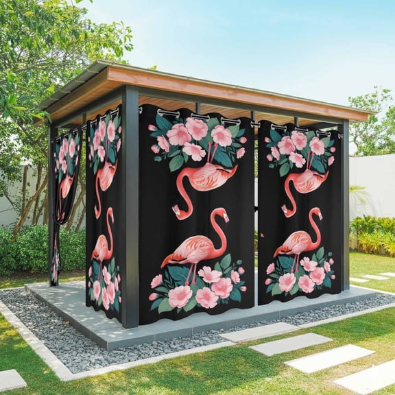 Summer Flamingos Outdoor Curtains for Patio Waterproof, Grommet Outdoor Privacy Panels, Tropical Botanical Flowers Animals Black Weatherproof Outside Curtains for Porch/Cabana 54"Wx108"L, 2 Panel
