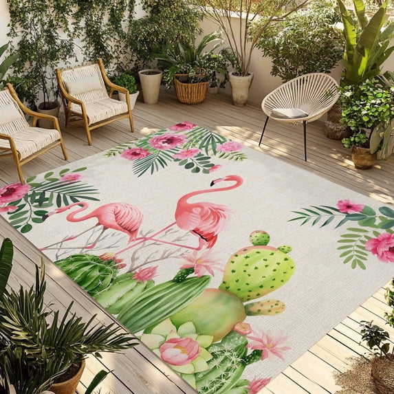 Summer Flamingos Outdoor Rug for Patio/Deck/Porch, Non-Slip Large Area Rug 3 x 5 Ft, Tropical Pink Botanical Flowers Cactus Indoor Outdoor Rugs Washable Area Rugs, Camping Rug Carpet Runner