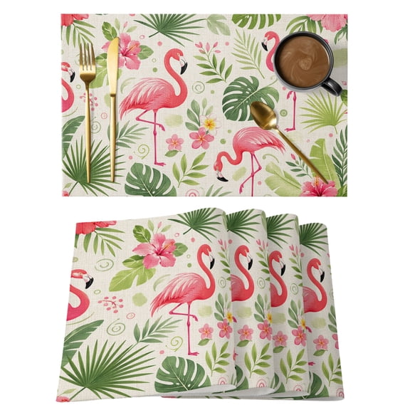 Summer Flamingos Placemats Set of 2, Vintage Country Tropical Green Leaf Pink Bird Flowers Non-Slip Place Mats Washable Table Mats for Kitchen Dining Table Decorations Indoor/Outdoor