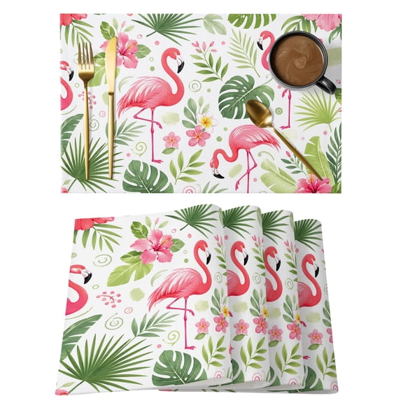 Summer Flamingos Placemats Set of 6, Country Tropical Green Monstera Leaf Pink Bird Flower Non-Slip Place Mats Washable Table Mats for Kitchen Dining Table Decorations Indoor/Outdoor