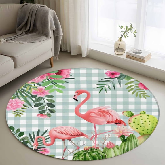Summer Flamingos Round Area Rug 3.3Ft Washable Circle Rugs for Dining Room Table, Tropical Flowers Leaves Cactus Plaid Non-Slip Carpet Floor Mats Indoor Outdoor Carpet Runner Aesthetic Home Decor