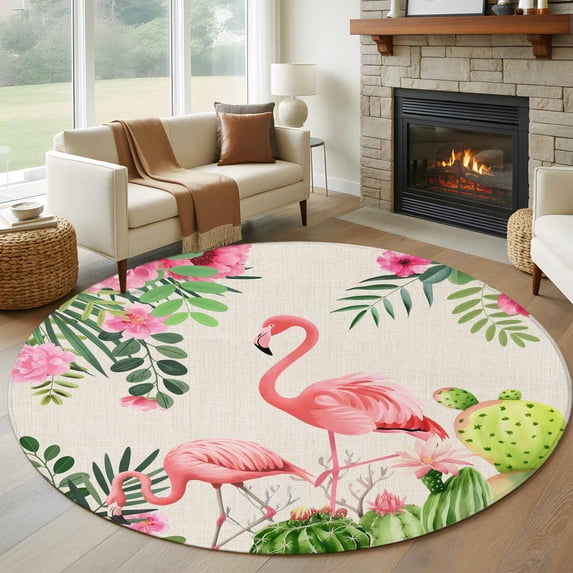 Summer Flamingos Round Area Rug 6Ft Washable Circle Rugs for Bathroom Office, Tropical Pink Botanical Flowers Cactus Non-Slip Carpet Floor Mats Indoor Outdoor Carpet Runner Aesthetic Home Decor