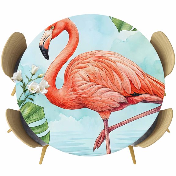 Summer Flamingos Round Tablecloth 36-44 Inch Round Fitted Table Cloth with Elastic Edge, Green Tropical Botanical Monstera Leaf Waterproof Table Cover Protector for Outdoor Picnic Party Dining