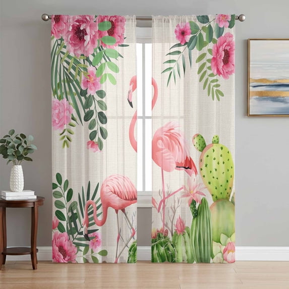 Summer Flamingos Sheer Curtains 63 Inch Length 2 Panels Set, Tropical Pink Botanical Flowers Cactus Voile Window Treatment Rod Pocket Curtains Sheers Drapes for Bedroom/Living Room/Kitchen 52x"63"x2