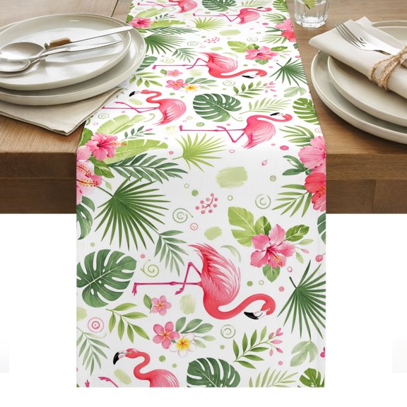 Summer Flamingos Table Runner, Country Tropical Green Monstera Leaf Pink Bird Flower Washable Kitchen Table Runners for Dining Table Decorations Party/Restaurant/Indoor Outdoor Use, 13x36in