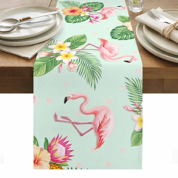 Summer Flamingos Table Runner Green Tropical Botanical Floral Tablerunners 13 x 48 Inch, Table Decorations Tabletop Scarf for Summer Gathering Holiday Farmhouse Kitchen Dining Decor