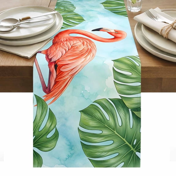 Summer Flamingos Table Runner Green Tropical Botanical Monstera Leaf Tablerunners 16 x 72 Inch, Table Decorations Tabletop Scarf for Summer Gathering Holiday Farmhouse Kitchen Dining Decor