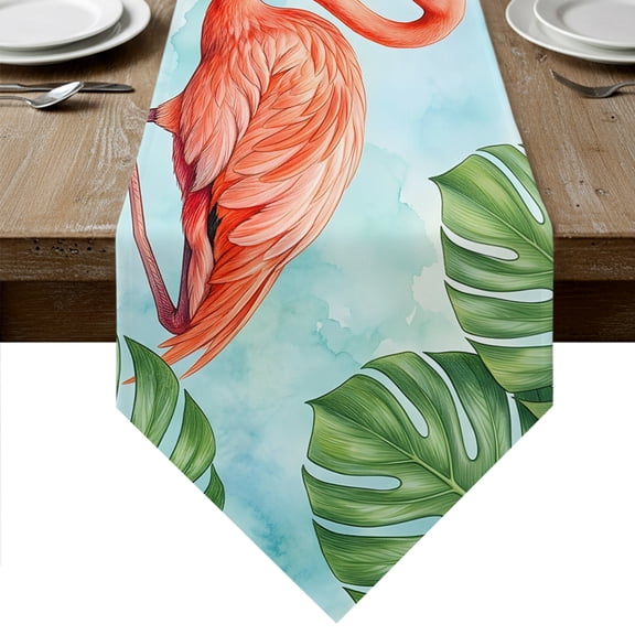 Summer Flamingos Table Runner Linen Burlap Table Runner 90 Inches Long Green Tropical Botanical Monstera Leaf Dresser Scarves for Kitchen Island Coffee Dining Room Party Wedding Holiday Decor 13"x90"