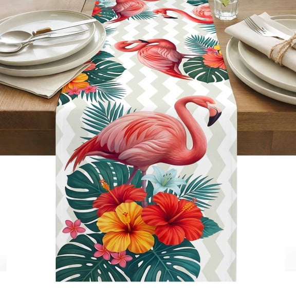 Summer Flamingos Table Runner Tropical Botanical Spring Floral Tablerunners 13 x 36 Inch, Table Decorations Tabletop Scarf for Summer Gathering Holiday Farmhouse Kitchen Dining Decor