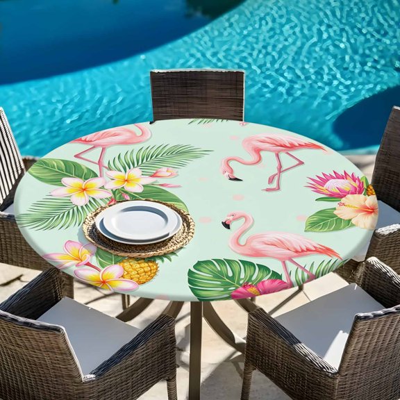 Summer Flamingos Tropical Leaf Round Fitted Tablecloth with Elastic Edge,Waterproof Table Cloth Fits Tables Up to 45"-54",Wipeable Table Cover for Indoor Outdoor Dinning Party,Pink Flower Pineapple