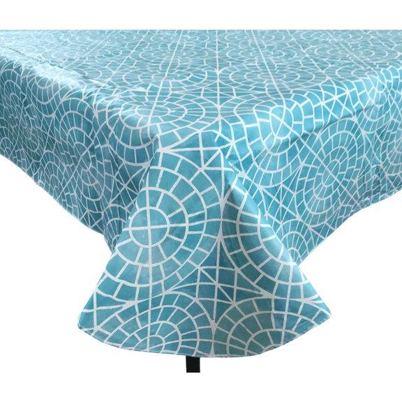 Summer Flannel Back Vinyl Aqua Geometric Tablecloth 52" x 90"