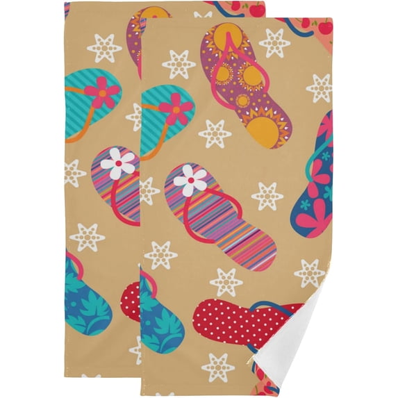 Summer Flip Flop Kitchen Hand Towels 2 PCS, Cute Sandal Beach Fingertip Bath Towels Ultra Soft and Highly Absorbent, Decorative Face Towels Dish Washcloths, 28.3"x14.4"