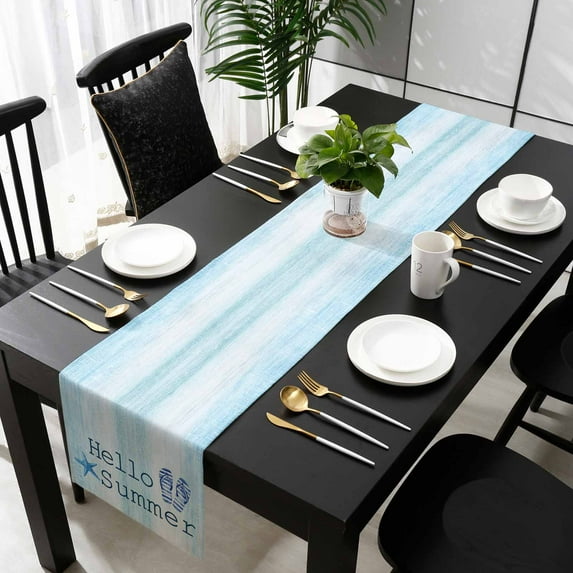 Summer Flip Flops Cotton Linen Table Runner 13 x 72 inch Starfish Gradient Blue Texture Non-slip Rectangular Dining Table Decor for Wedding Party Holiday Dinner