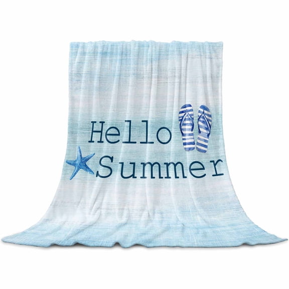 Summer Flip Flops Flannel Blanket for Bed, Starfish Gradient Blue Texture Soft Cozy Warm Couch Throw Blanket, Lightweight Fluffy Plush Bedding Blankets for Sofa Decor All Season 50"x60"
