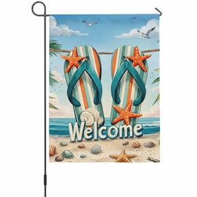 Summer Flip Flops Garden Flag 12 x 18 Inches, Coastal Starfish Palm Leaf Beach Sand Tropical Weather Proof Outdoor Patio Flags Double Sided Small Garden Decoration for Yard Outside Home