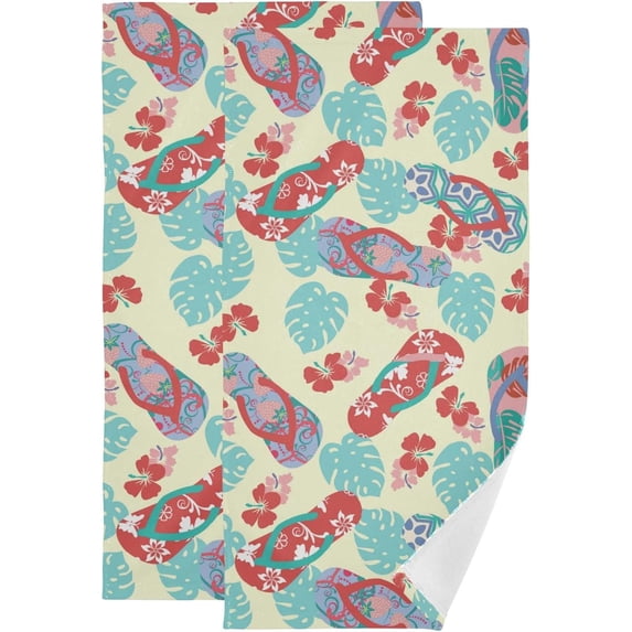 Summer Flip Flops Hand Towels 2 PCS, Tropical Flower Hibiscus Kitchen Towel Ultra Soft and Highly Absorbent,Decorative Fingertip Face Towel for Bathroom Hotel, 28.3"x14.4"