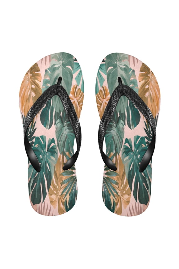 Summer Flip Flops Non-Slip Lightweight Rubber Sandals Vacation Beach Essentials Abstract Tropical Leaves Pattern