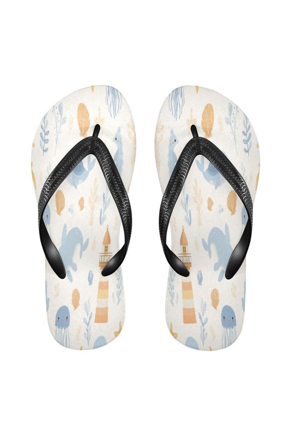 Summer Flip Flops Non-Slip Lightweight Rubber Sandals Vacation Beach Essentials Blue and Yellow Sea Animals