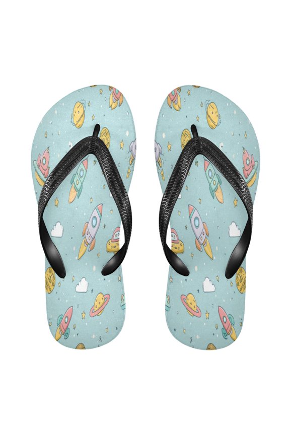 Summer Flip Flops Non-Slip Lightweight Rubber Sandals Vacation Beach Essentials Colorful Spaceships and Stars