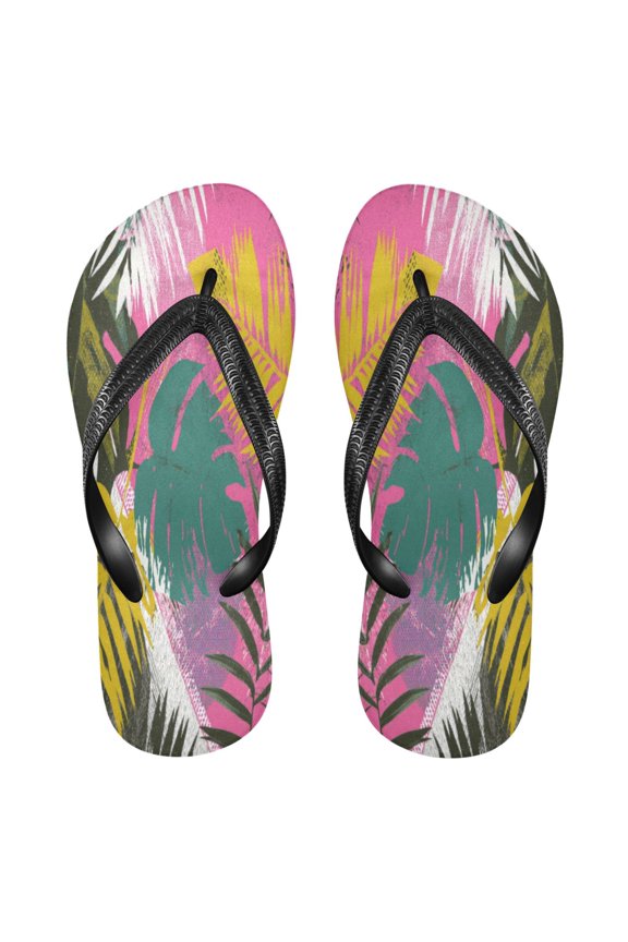 Summer Flip Flops Non-Slip Lightweight Rubber Sandals Vacation Beach Essentials Colorful Tropical Leaves