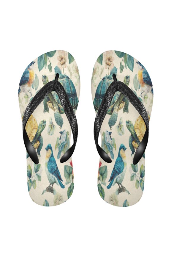 Summer Flip Flops Non-Slip Lightweight Rubber Sandals Vacation Beach Essentials Colorful Turtles and Birds Pattern