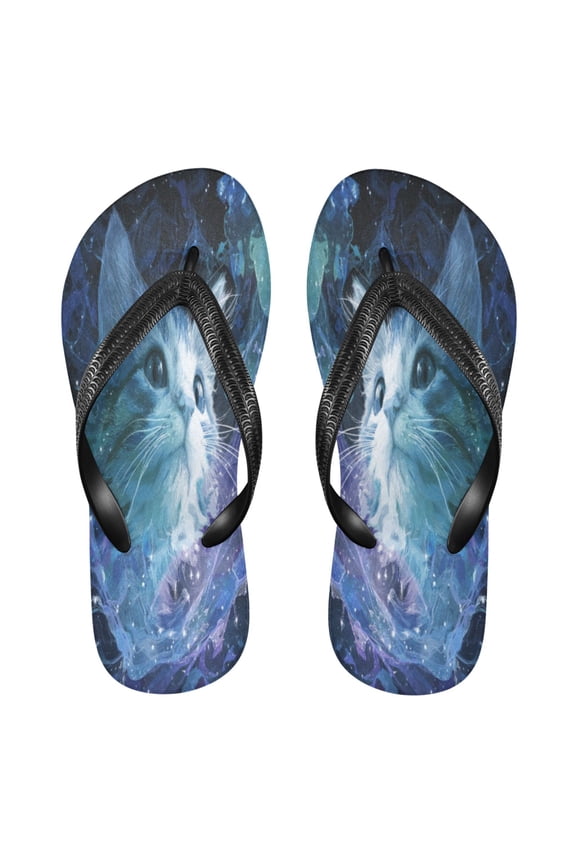 Summer Flip Flops Non-Slip Lightweight Rubber Sandals Vacation Beach Essentials Cute Blue and White Cat