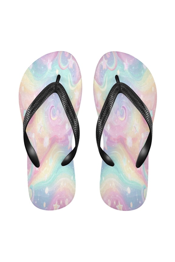 Summer Flip Flops Non-Slip Lightweight Rubber Sandals Vacation Beach Essentials Cute Pastel Rainbow Background