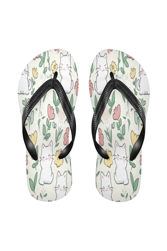 Summer Flip Flops Non-Slip Lightweight Rubber Sandals Vacation Beach Essentials Cute White Cat Pattern