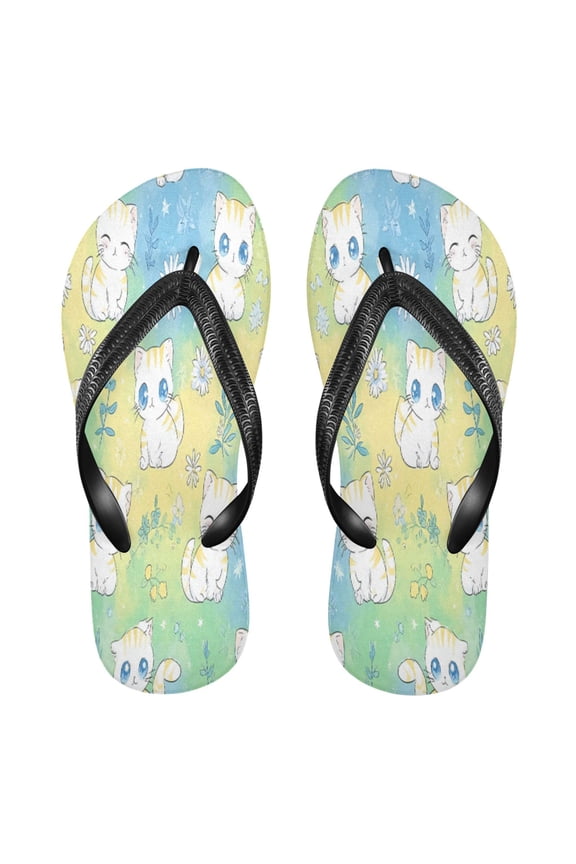 Summer Flip Flops Non-Slip Lightweight Rubber Sandals Vacation Beach Essentials Cute White Cats Pattern