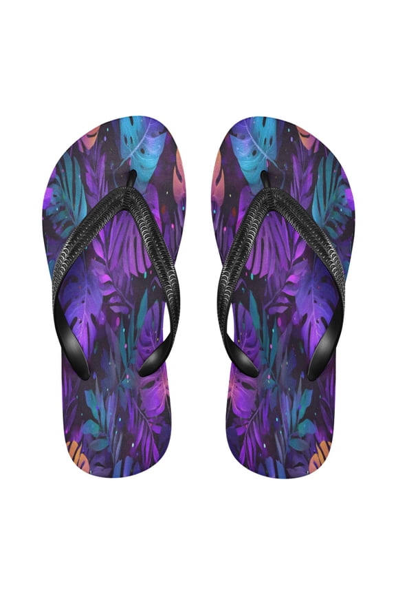 Summer Flip Flops Non-Slip Lightweight Rubber Sandals Vacation Beach Essentials Neon Palm Leaves Pattern