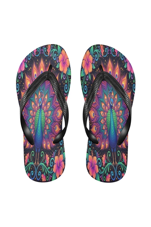 Summer Flip Flops Non-Slip Lightweight Rubber Sandals Vacation Beach Essentials Peacock with Iridescent Tail
