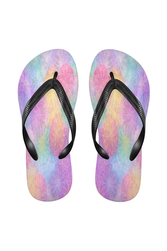 Summer Flip Flops Non-Slip Lightweight Rubber Sandals Vacation Beach Essentials Rainbow Flower Pattern
