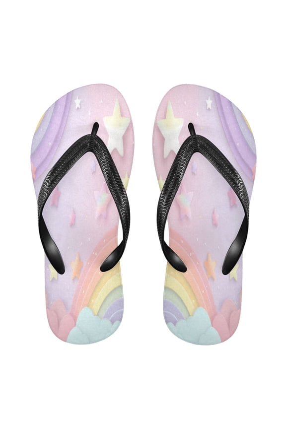 Summer Flip Flops Non-Slip Lightweight Rubber Sandals Vacation Beach Essentials Rainbow Stars and Cloud Pattern