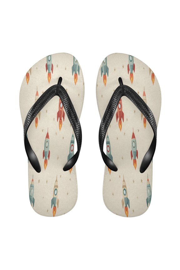 Summer Flip Flops Non-Slip Lightweight Rubber Sandals Vacation Beach Essentials Rocket with Flames Pattern