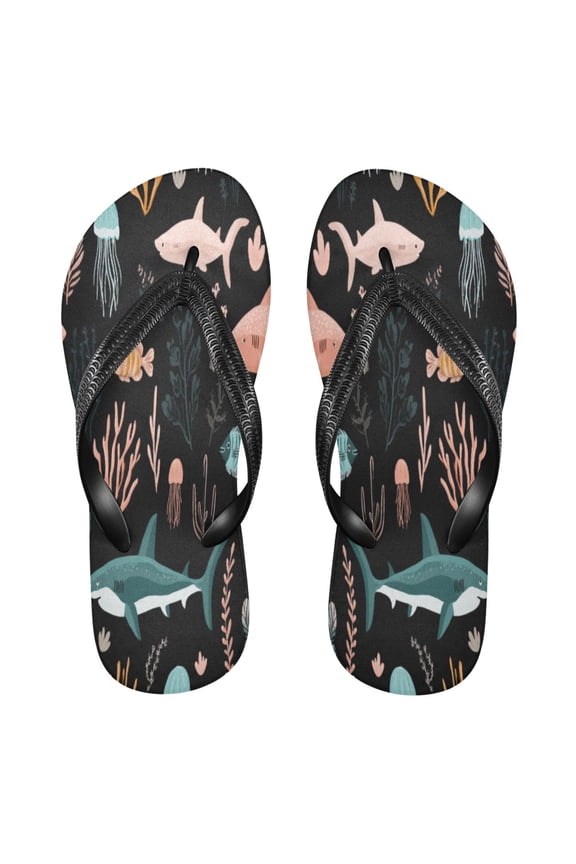 Summer Flip Flops Non-Slip Lightweight Rubber Sandals Vacation Beach Essentials Sharks and Seagrass Pattern