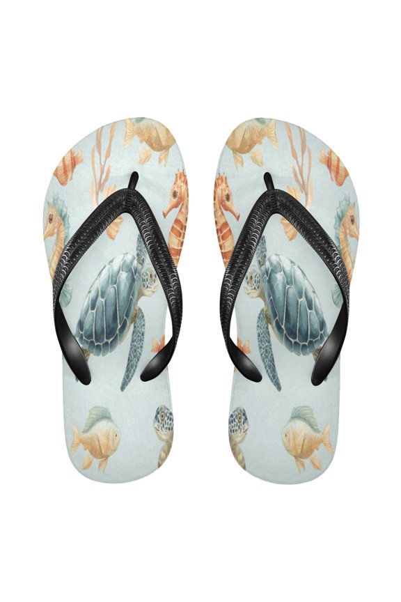 Summer Flip Flops Non-Slip Lightweight Rubber Sandals Vacation Beach Essentials Turtles Seahorses and Fish Pattern