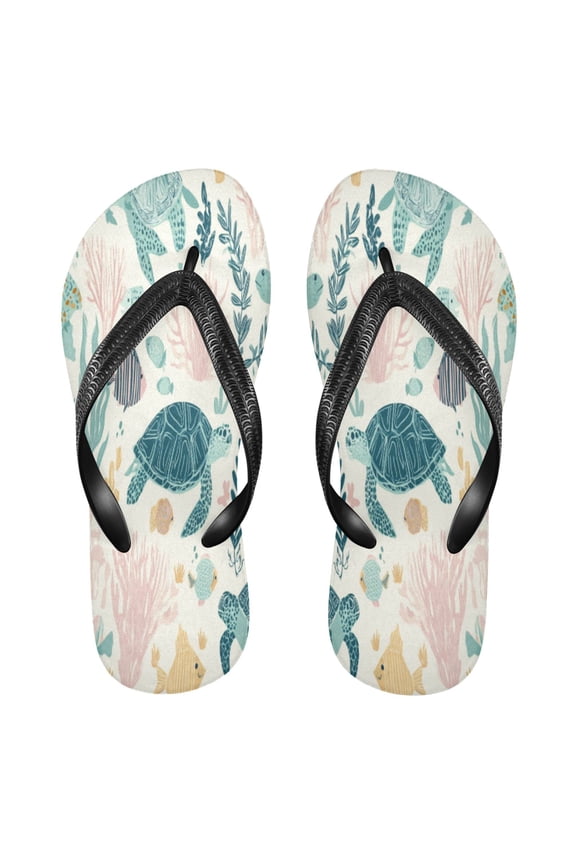 Summer Flip Flops Non-Slip Lightweight Rubber Sandals Vacation Beach Essentials Turtles and Sea Plants Pattern
