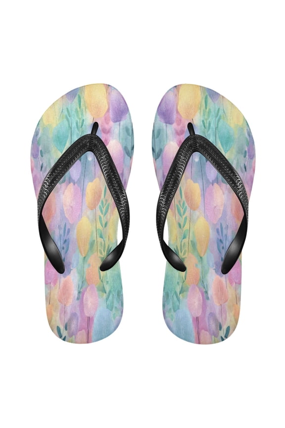 Summer Flip Flops Non-Slip Lightweight Rubber Sandals Vacation Beach Essentials Watercolor Rainbow Flowers