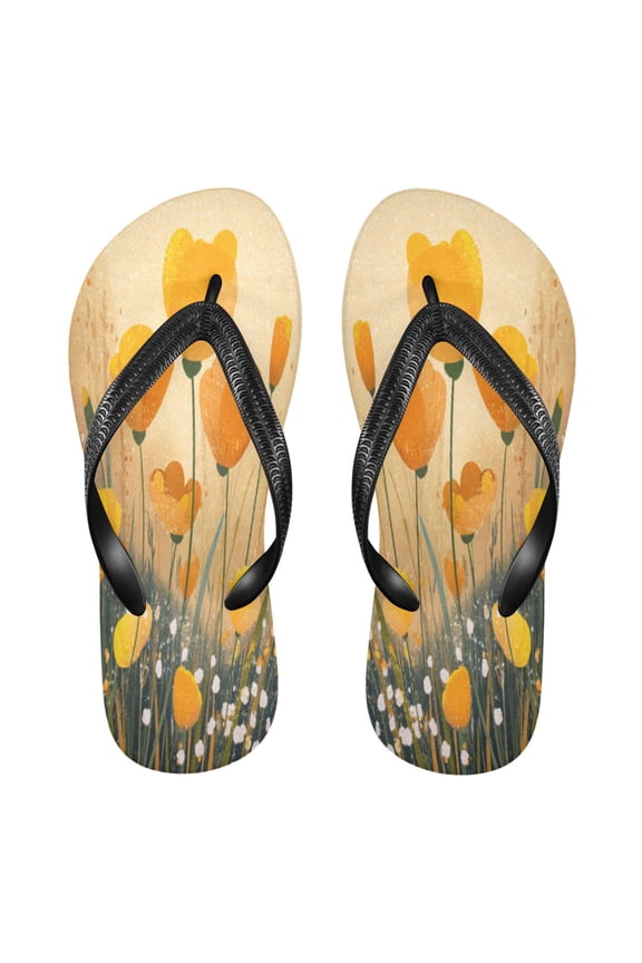 Summer Flip Flops Non-Slip Lightweight Rubber Sandals Vacation Beach Essentials Yellow Flowers on The Grass