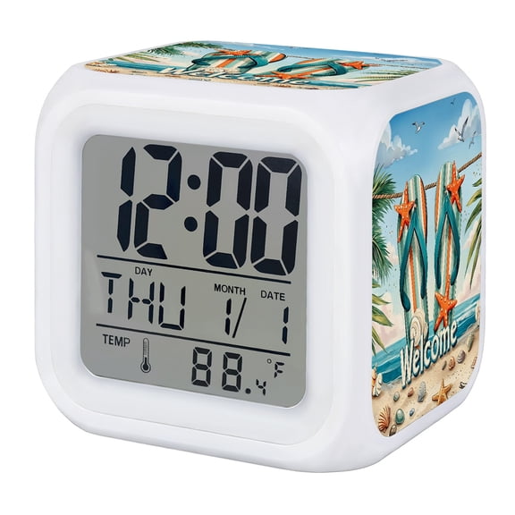 Summer Flip-flops Digital Alarm Clock for Bedrooms, Smart LED Alarm Clock with 7 Color Changing Night Light, Beach Coastal Palm Trees Silent Wake Up Clocks for Sleep Study Cooking 3.2"x3.2"