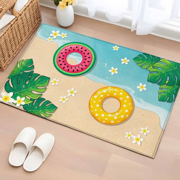 Summer Floral 2'x3' Rug for Entryway Front Door Kitchen Sink Area, Tropical Leaves Watermelon Swimming Rings Beach Low Pile Washable Non Slip Rectangle Area Rug