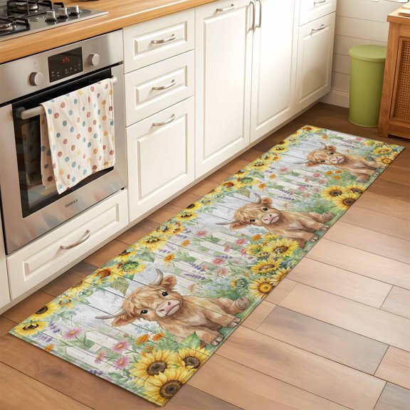 Summer Floral 2x6 Runner Rug for Hallway Walkway Kitchen Galley, Watercolor Farm Cow Farmhouse Sunflower Fence Wood Grain Low Pile Washable Non Slip Long Area Rug
