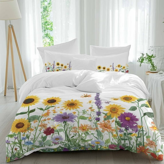 Summer Floral 4 Piece Duvet Cover Set Full Size Sunflower Daisy Lavender Country Rustic Plant Soft Bedding Set Comforter Cover, 1 Duvet Cover 1 Flat Sheets and 2 Pillowcases